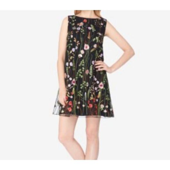 Tahari Women’s Floral Embroidered Black Sheer Mesh Shift Dress Size 10 - Picture 1 of 6